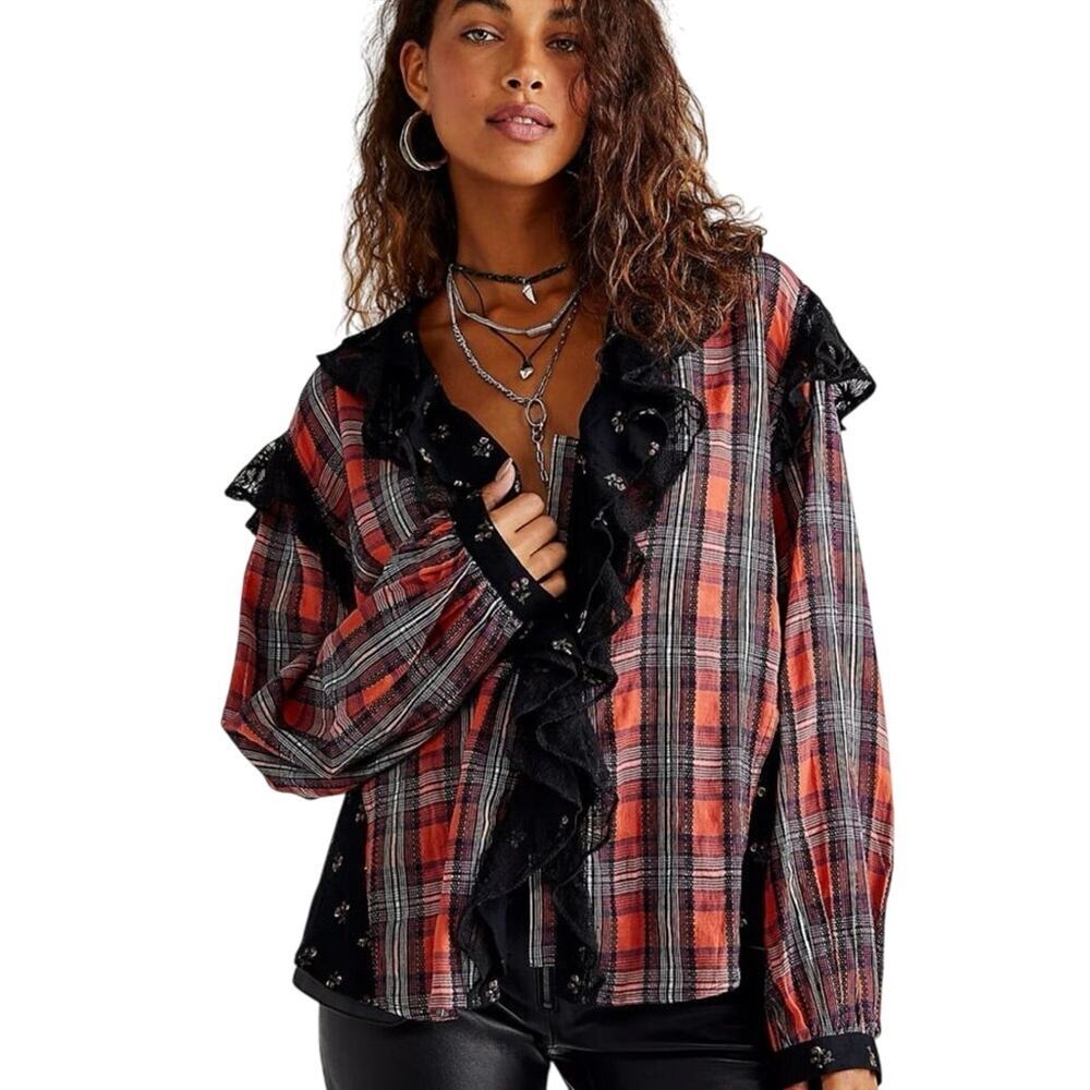 FREE PEOPLE Women’s Red Plaid Ruffle Front Mixed Media Boho Top small
